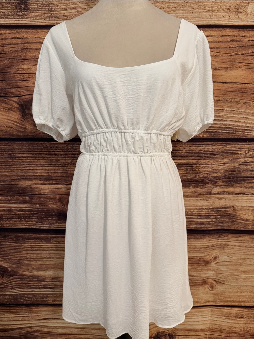 Smocked Waist White Midi Dress with Square Neck and Puff Sleeves